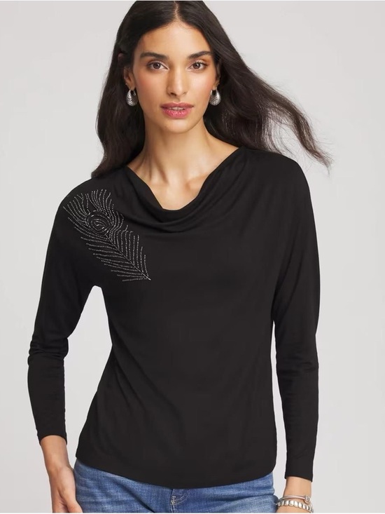 Chico's Tops - Chico's Black Cowl Neck Dolman Top with Beaded Peacock Feather Embellishment